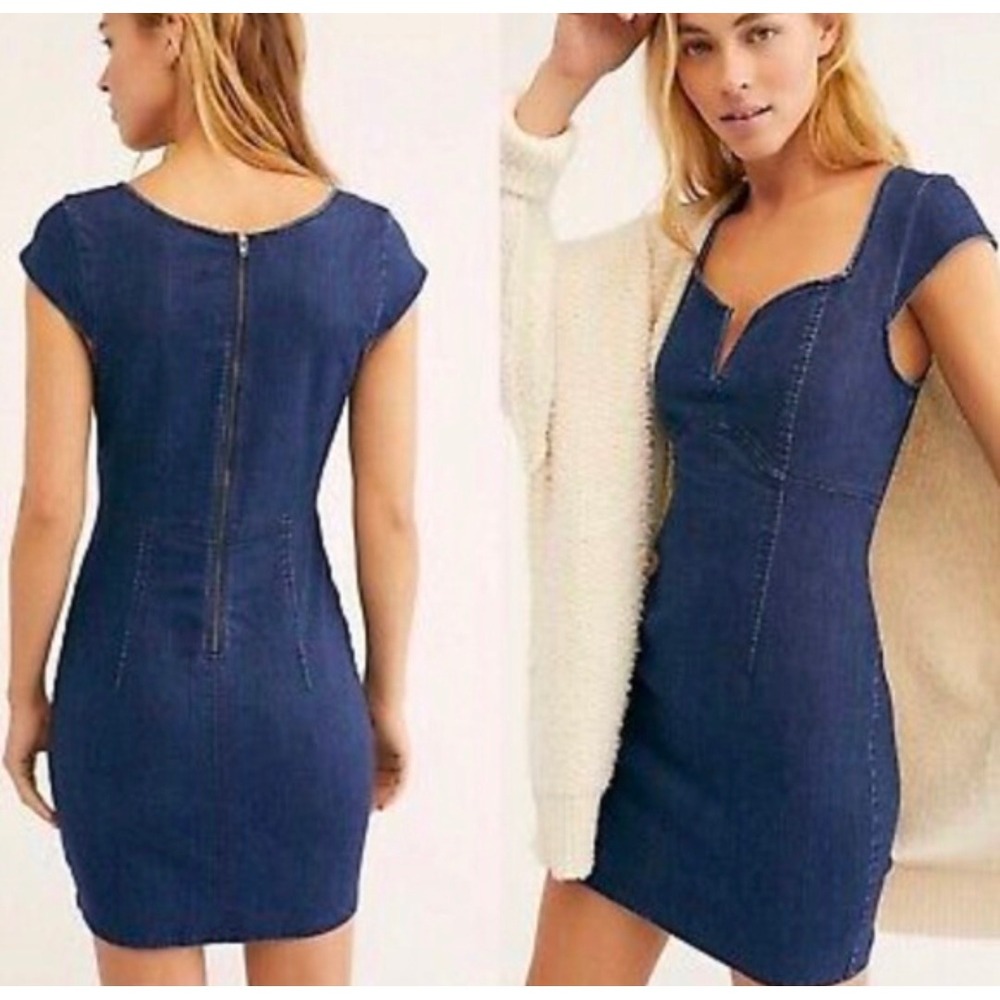 Free People Womens‎ Dress Lg Blue Denim Lia Exposed Zipper Stretch Bodycon